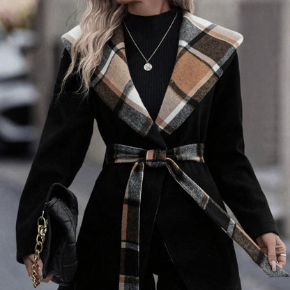 Women's Lace-up Plaid Wool Trench Coat | Mid-Length Color-Match Coat Lace-up Plaid Color Matching Wool Mid-le | Ectron Online