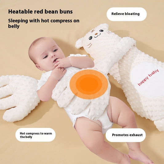 Baby lying on a white bean bag with text about heatable red bean buns and benefits.
