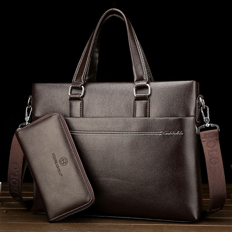 Men's leather one-shoulder computer bag with top handles, side pocket, and zip pouch, brown.