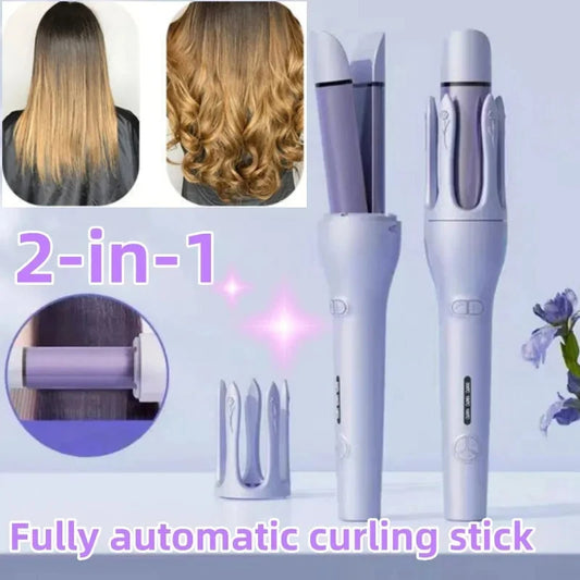 2-in-1 fully automatic curling stick with hair before and after curling, on a light purple background.