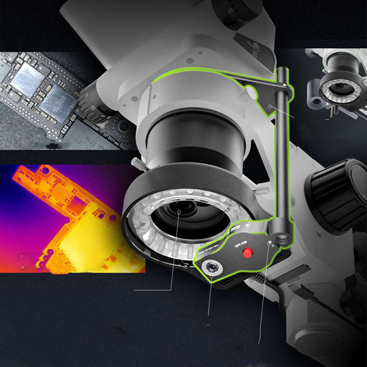 Technical diagram of a camera lens with close-up details on a dark background