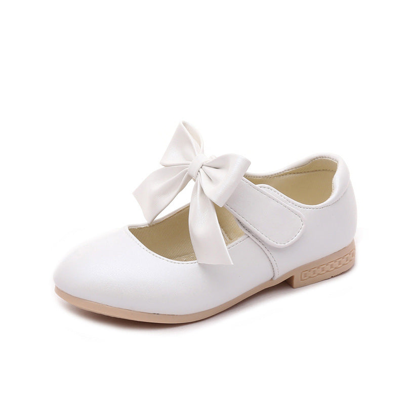 Girls' leather flat shoes with bowknot, white