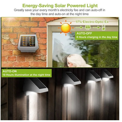 Three white solar stair lights mounted along a wall edge, each with solar panel