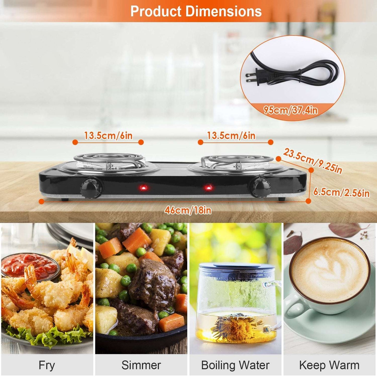 Electric double burner hot plate stove top with coil burners and size labels