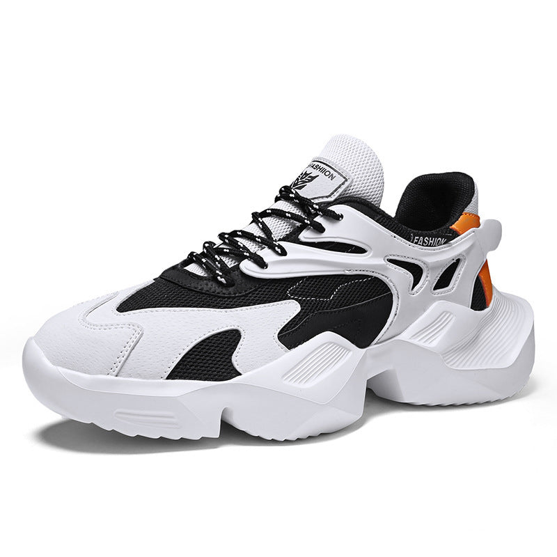 Men's casual sneakers, white and black with orange accents and thick tread sole