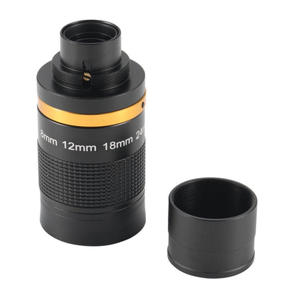Black telescope eyepiece with gold band on a white background