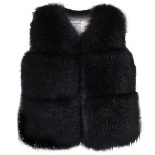 Baby girl faux-fur winter vest, black, front button closure