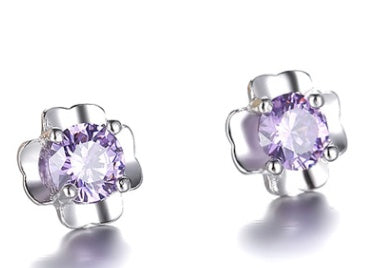 S925 sterling silver Japanese and Korean women's amethyst earrings Crown chrysanthemum dolphins zircon earrings hypoallergenic earrings