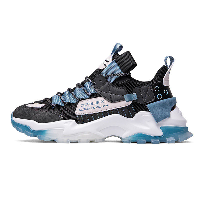Platform sneaker with black mesh upper, blue accents, and white chunky sole.