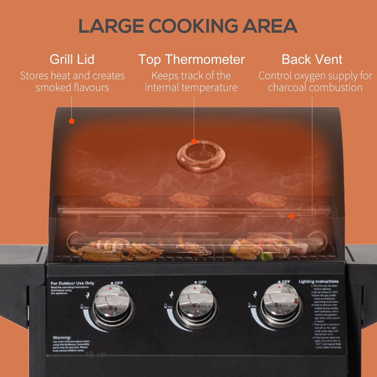Open black gas grill showing top thermometer and three control knobs