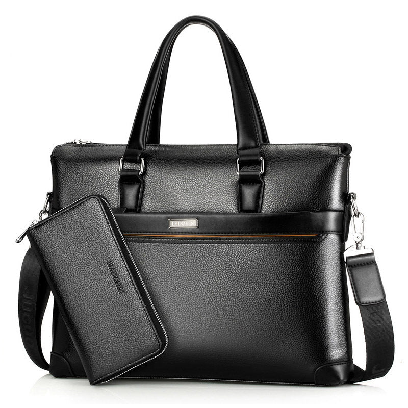 Men's diagonal business handbag, black leather-look with front pocket and matching pouch