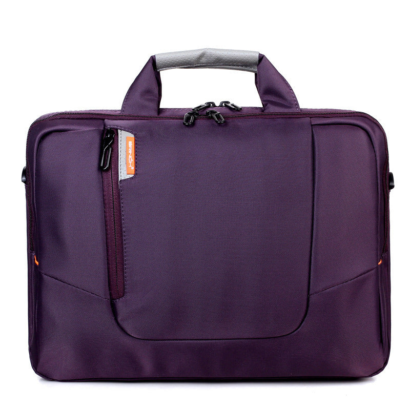 Purple laptop briefcase with top handle, front zip pocket, and metal clasp