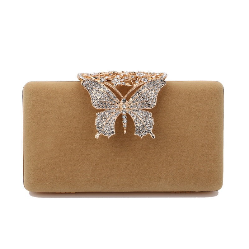 Khaki velvet evening clutch with rhinestone butterfly clasp