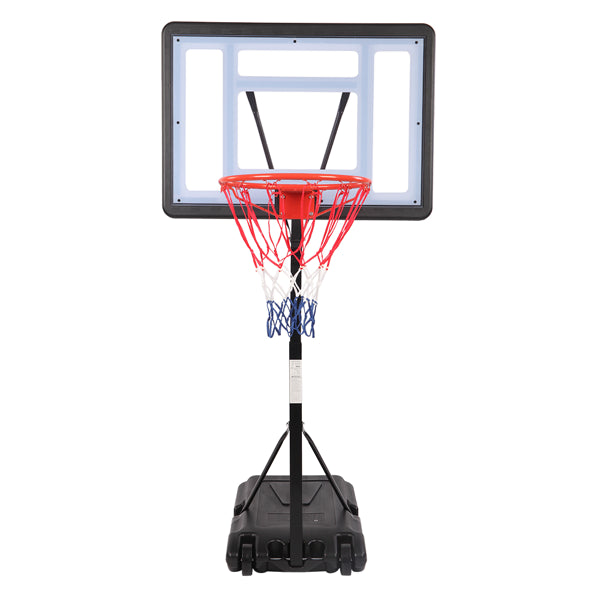 Portable basketball hoop with backboard, red rim, blue net, and stand base