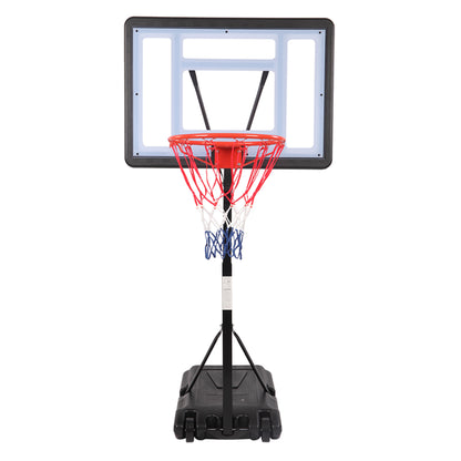 Portable basketball hoop with backboard, red rim, blue net, and stand base
