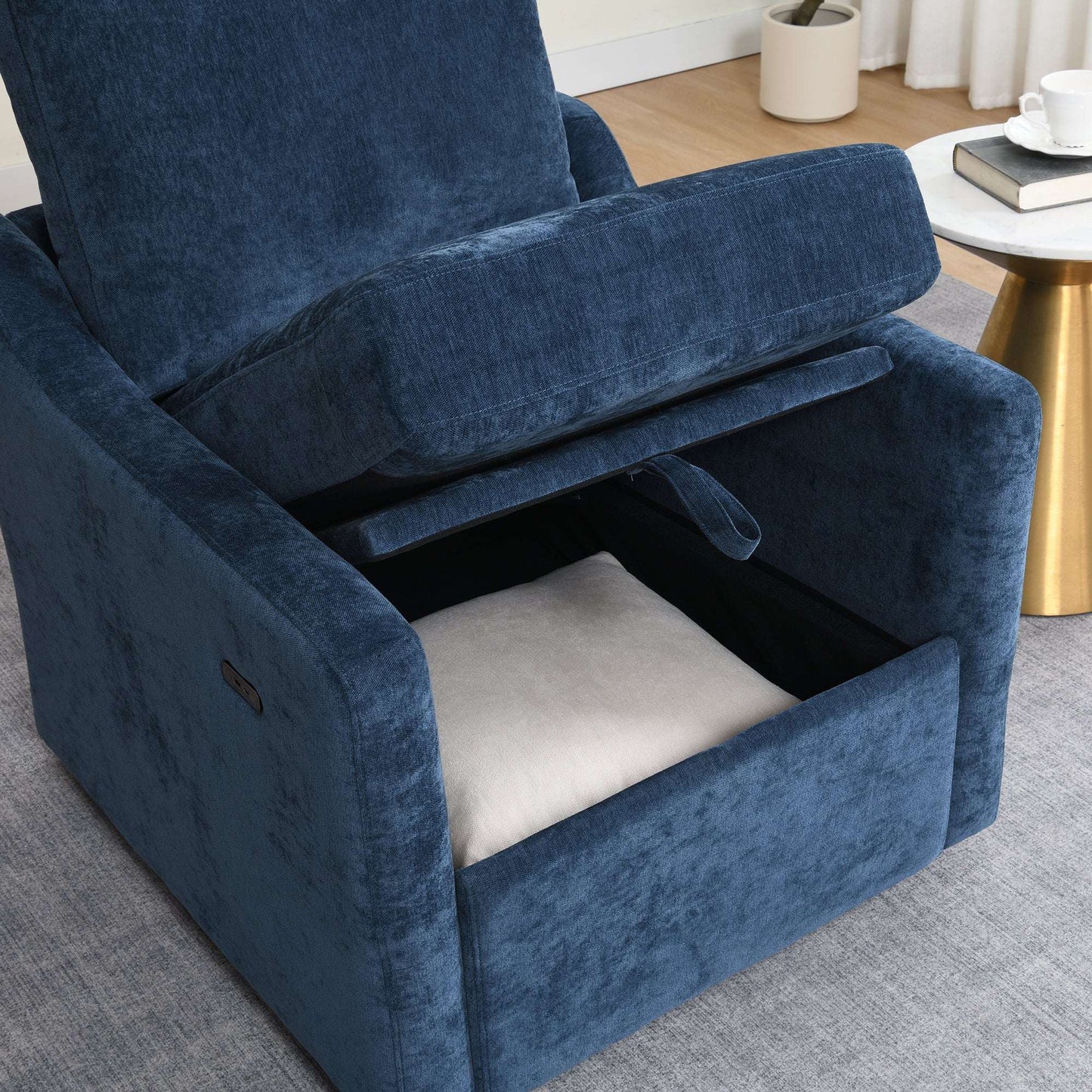 Navy blue chenille accent chair with open legrest and cushioned interior