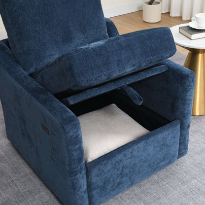Navy blue chenille accent chair with open legrest and cushioned interior
