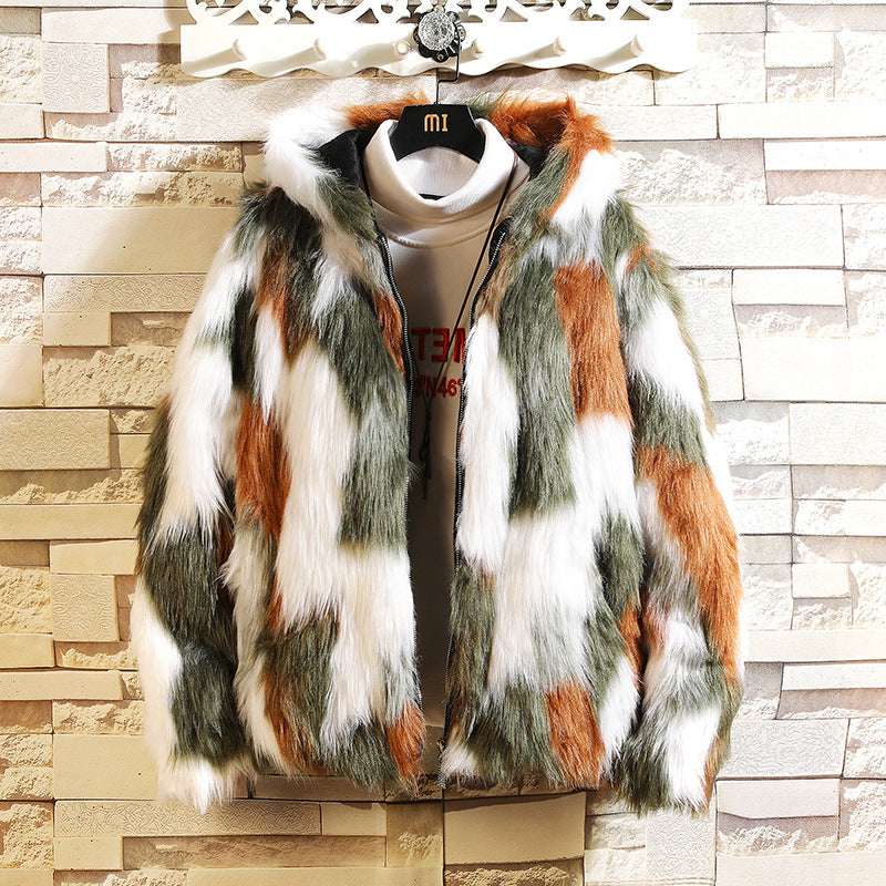 Men's faux leather warm coat, multicolor faux-fur stripes, front zip, stand collar
