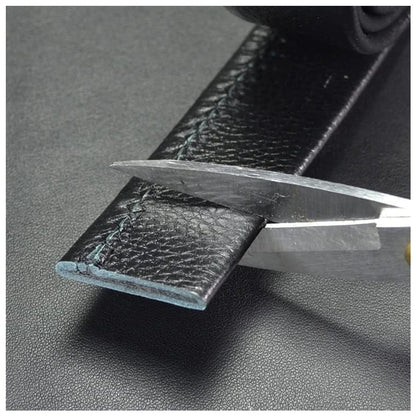 Black leather belt strap edge and anti-scratch buckle plate detail