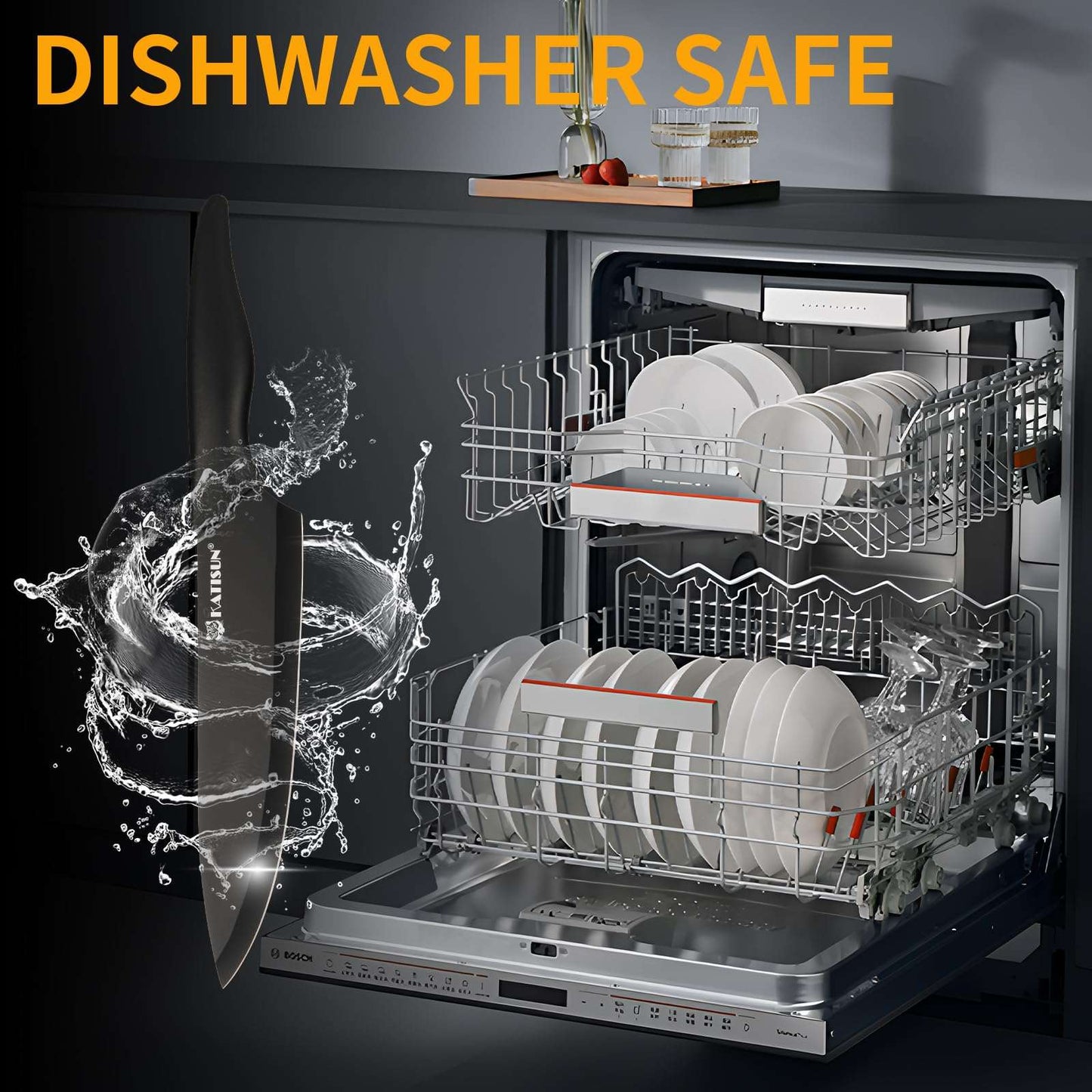 Black-handled knife block set shown in an open dishwasher with water splashes