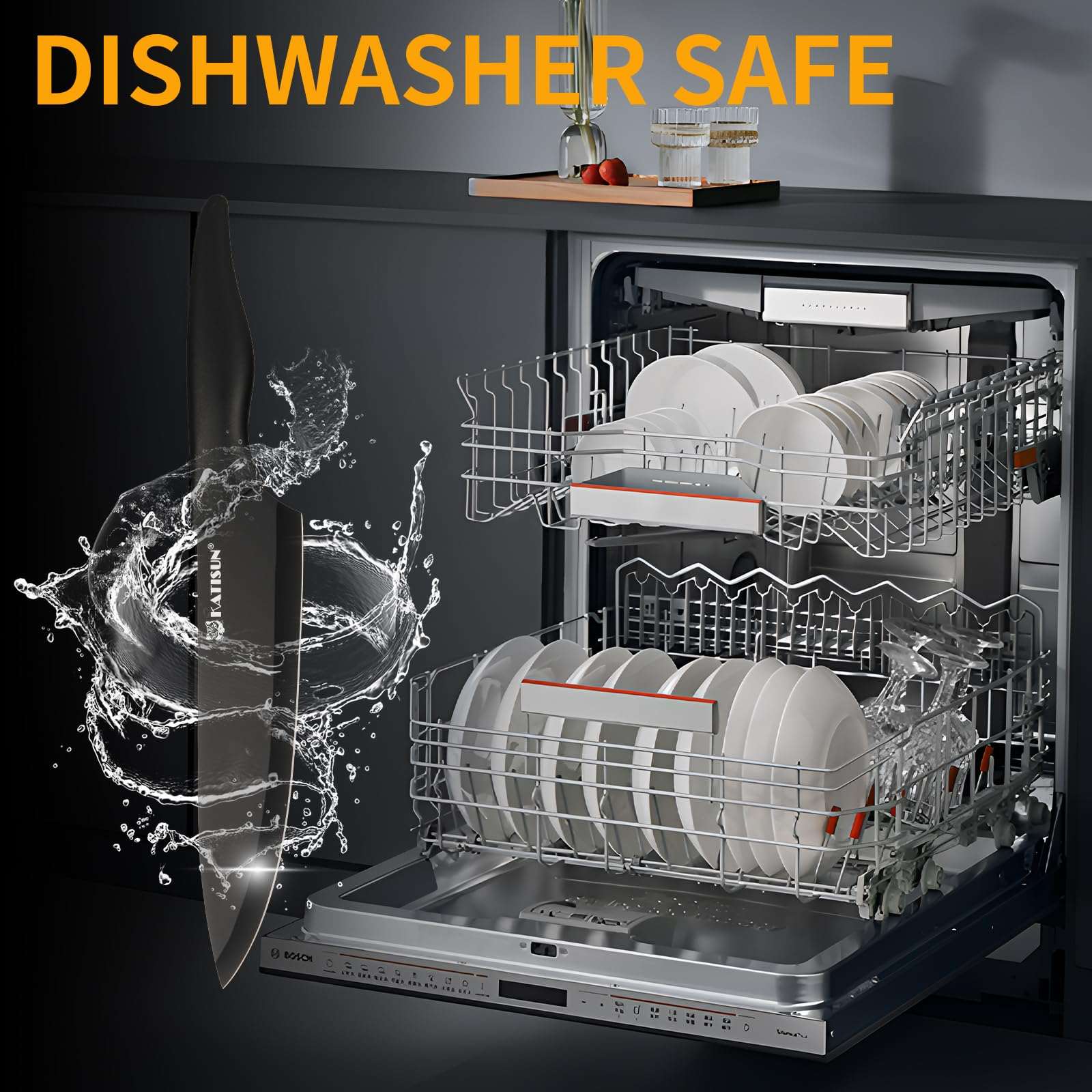 Black-handled knife block set shown in an open dishwasher with water splashes