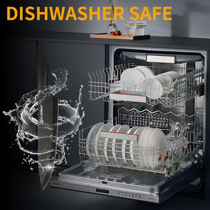Black-handled knife block set shown in an open dishwasher with water splashes