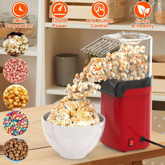 Red popcorn maker on a wooden table with popped popcorn in a bowl, surrounded by icons and images of different types of popcorn.