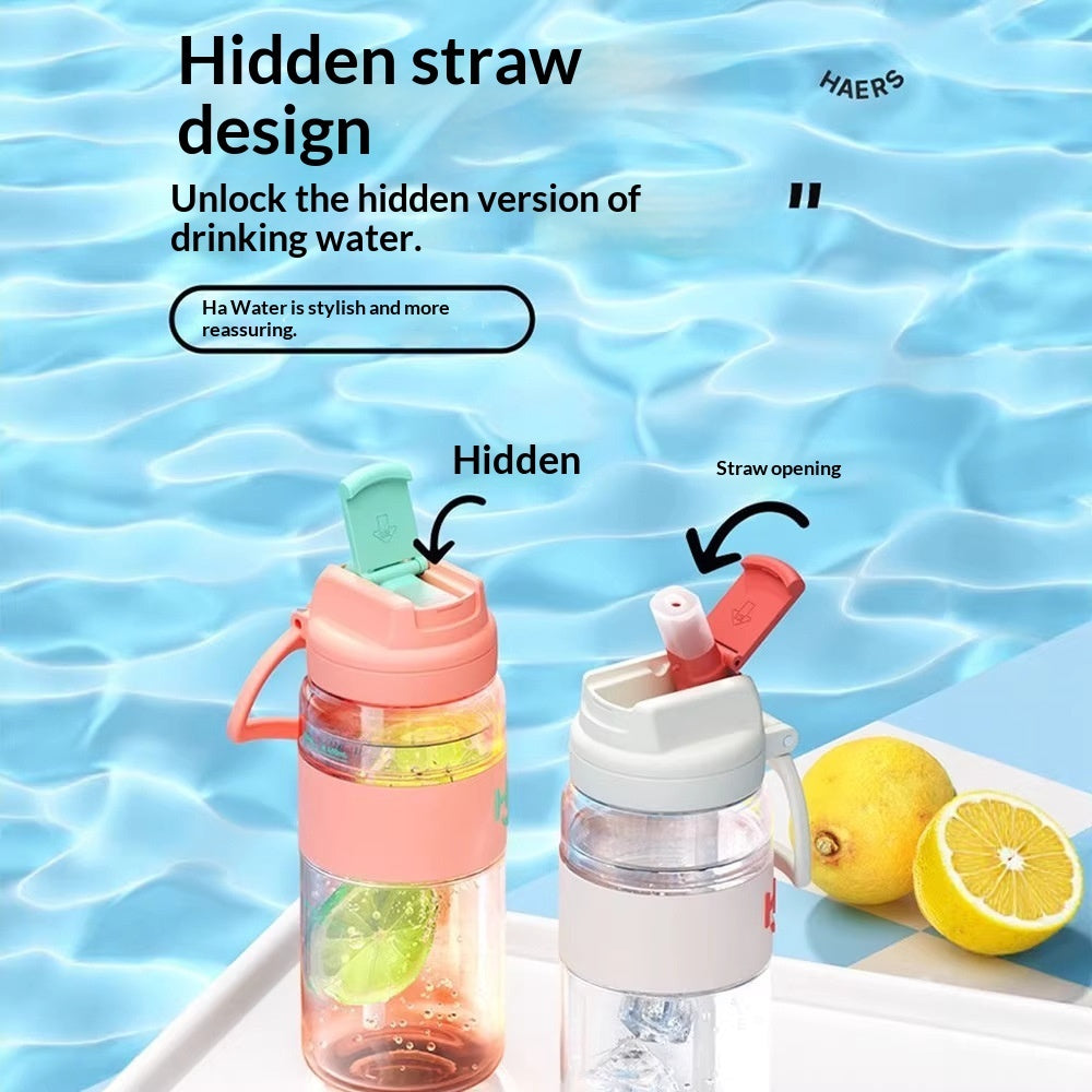 Coral-pink leak-proof water bottle with hidden straw and flip lid, 850ml