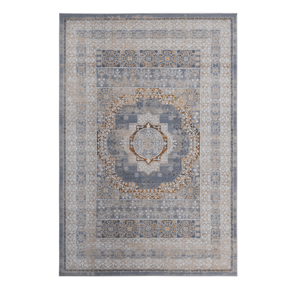 Blue and ivory medallion runner rug, square view of central medallion and border