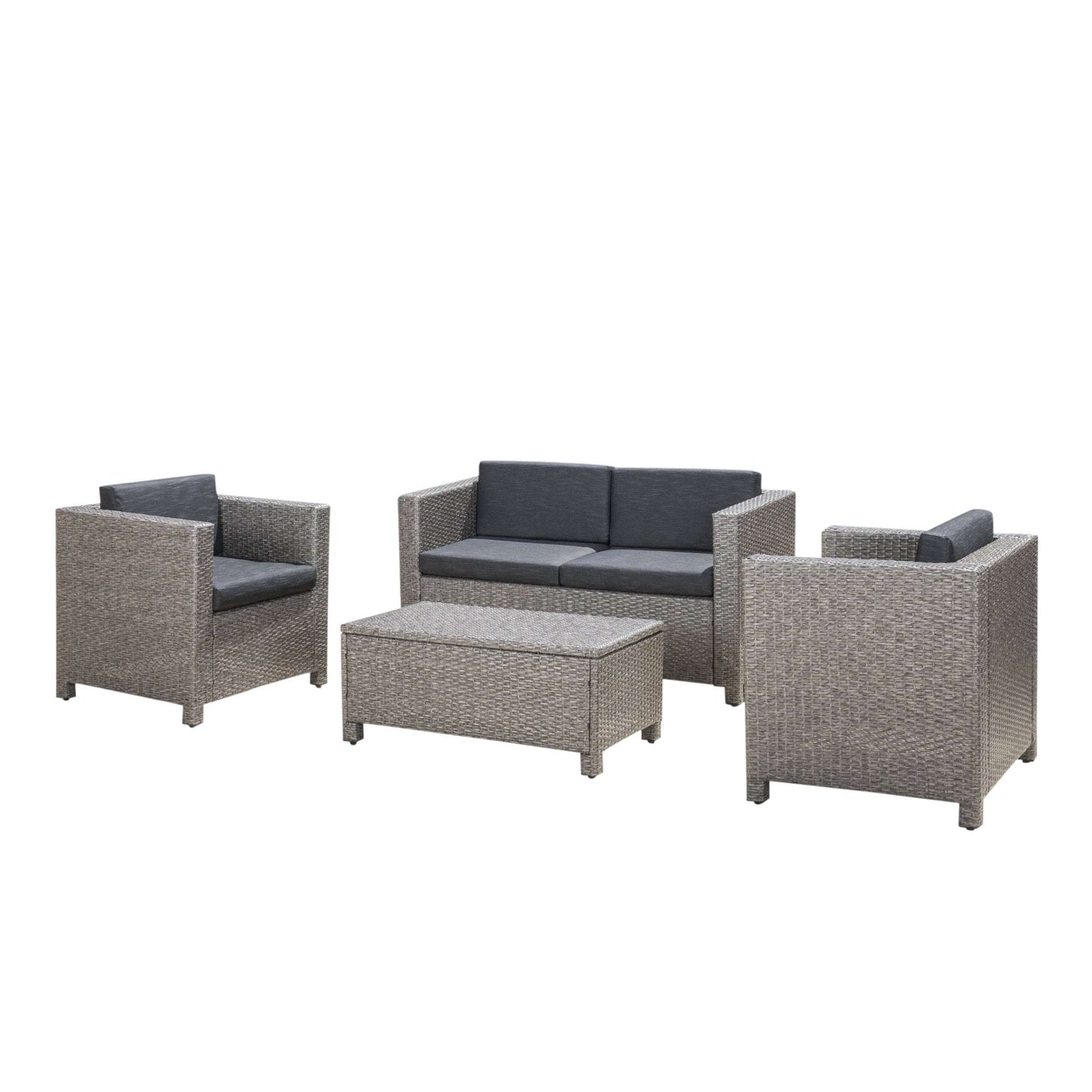 Gray 4-piece patio seating set with loveseat, 2 armchairs, and square ottoman