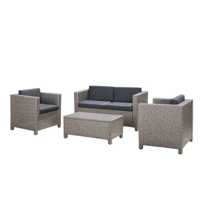 Gray 4-piece patio seating set with loveseat, 2 armchairs, and square ottoman