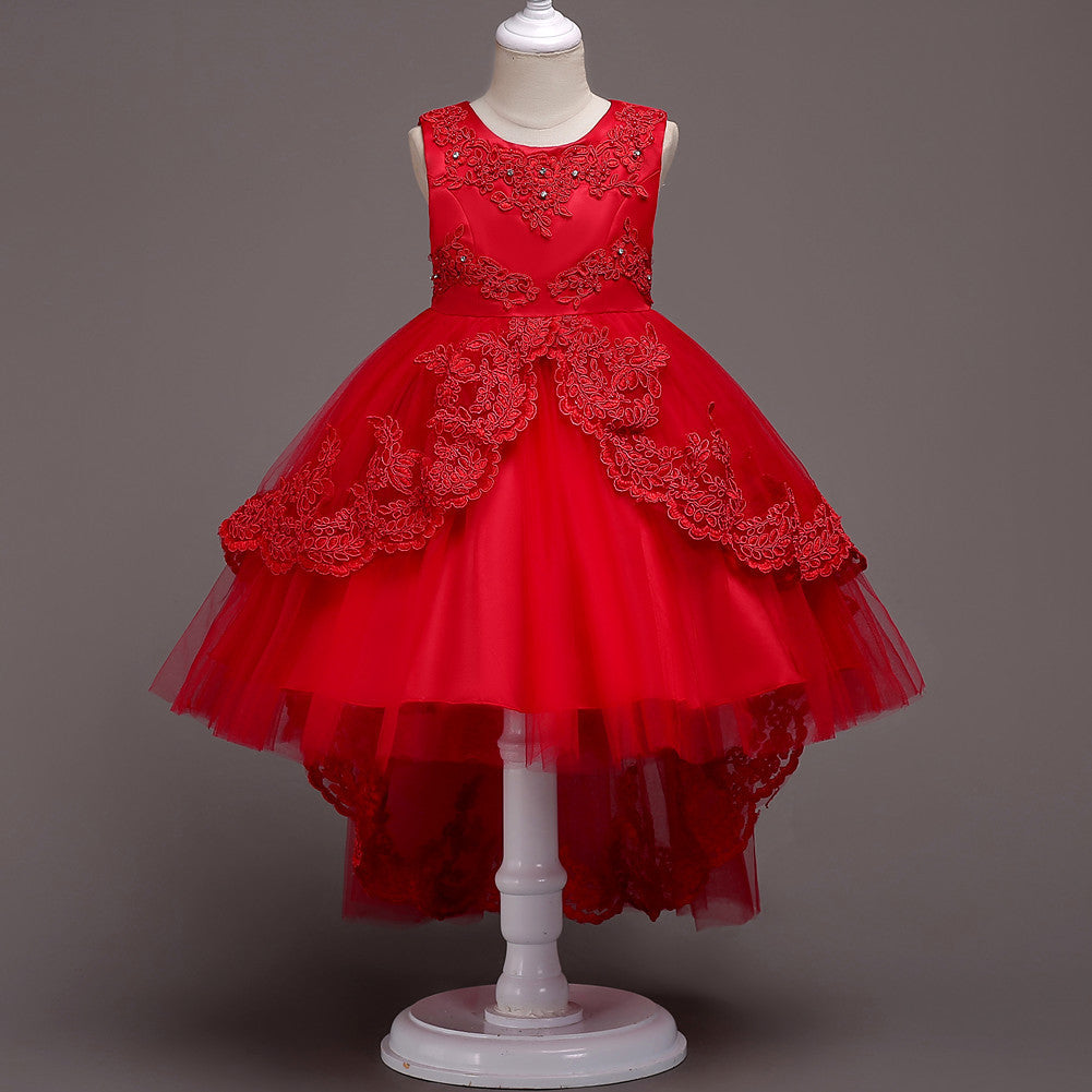 Red sleeveless princess dress with lace bodice detail and layered tulle skirt