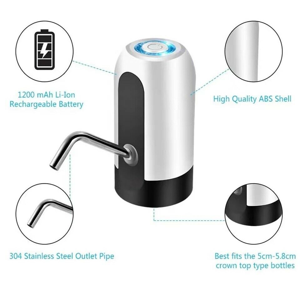 Electric water bottle dispenser with curved stainless outlet pipe and white top