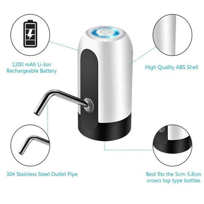 Electric water bottle dispenser with curved stainless outlet pipe and white top