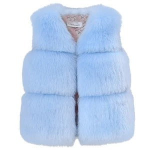Baby girl faux-fur winter vest, light blue, front button closure