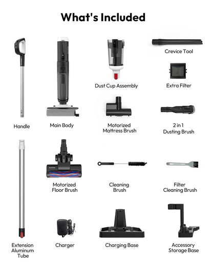 Suction mop kit with handle, main body, extension tube, charger, and brush attachments