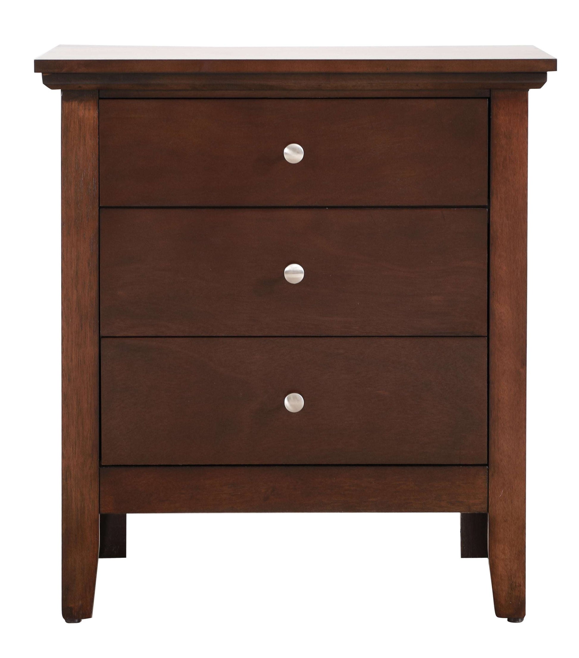 Cappuccino 3-drawer nightstand front with three drawers and round silver knobs