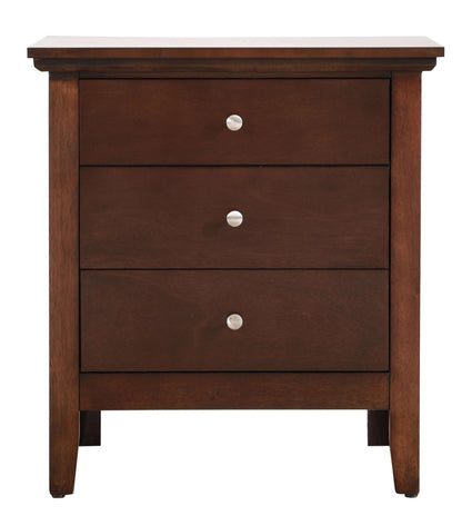 Cappuccino 3-drawer nightstand front with three drawers and round silver knobs