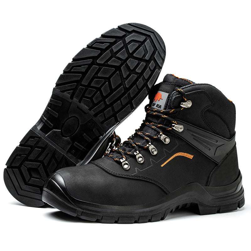Black steel-toe safety boot with lace-up front and orange trim accents.