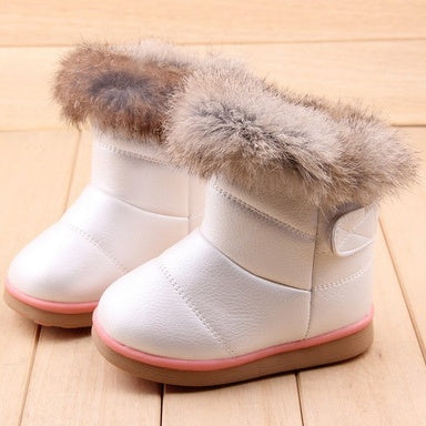 Girls' snow boots in white with tan faux-fur cuff and light rubber sole