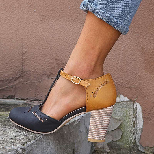 Vintage round head color matching T-strap sandals