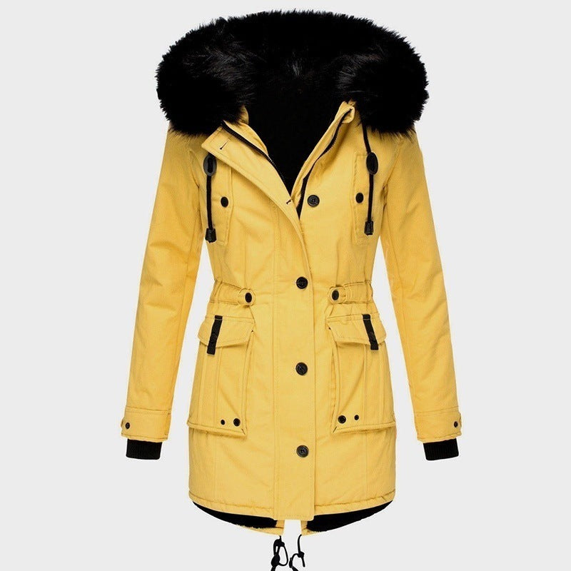 Thick Hooded Drawstring Mid-length Cotton Zipper Coat Jacket