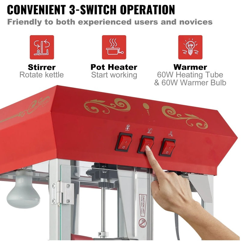 8 Oz Countertop Popcorn Popper Machine - 850W Professional Red Maker