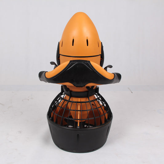 Handheld dual-propeller electric water scooter pulling a swimmer underwater, featuring a sleek aerodynamic design and integrated GoPro mount.