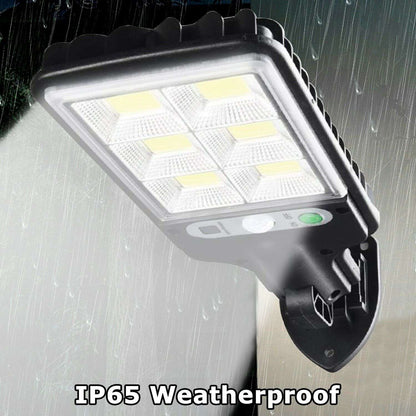 Black solar LED street light with motion sensor under rain, weatherproof design