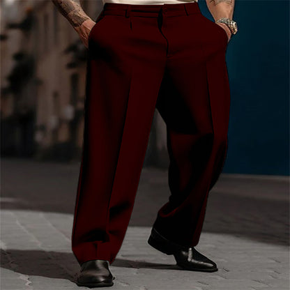 Men's straight-leg suit pants in burgundy, flat front, belt loops, tailored hem