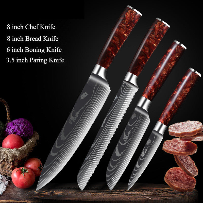 Premium Cutlery | Damascus Steel | with Red Resin Handles Kitchen Knives Set | Ectron Online