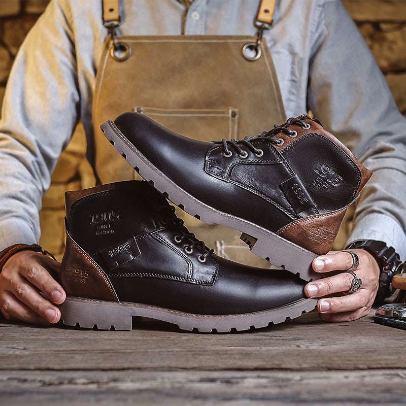 Retro British Leather Boots – Men’s Lace-Up, Warm & Non-Slip Retro British Style Leather Boots | Ectron Online