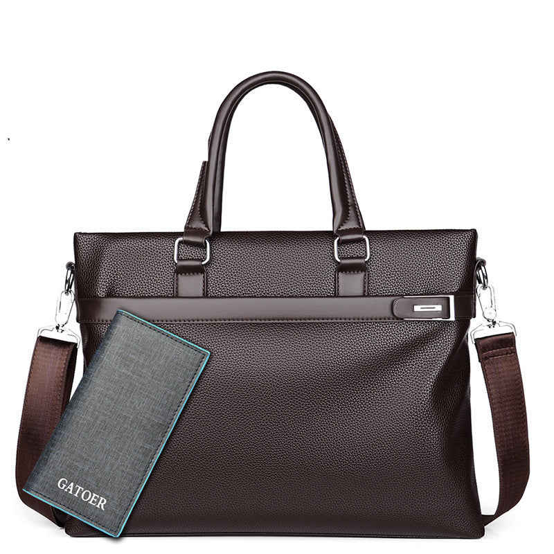Men's soft leather briefcase, large brown with front zip pocket and blue card holder