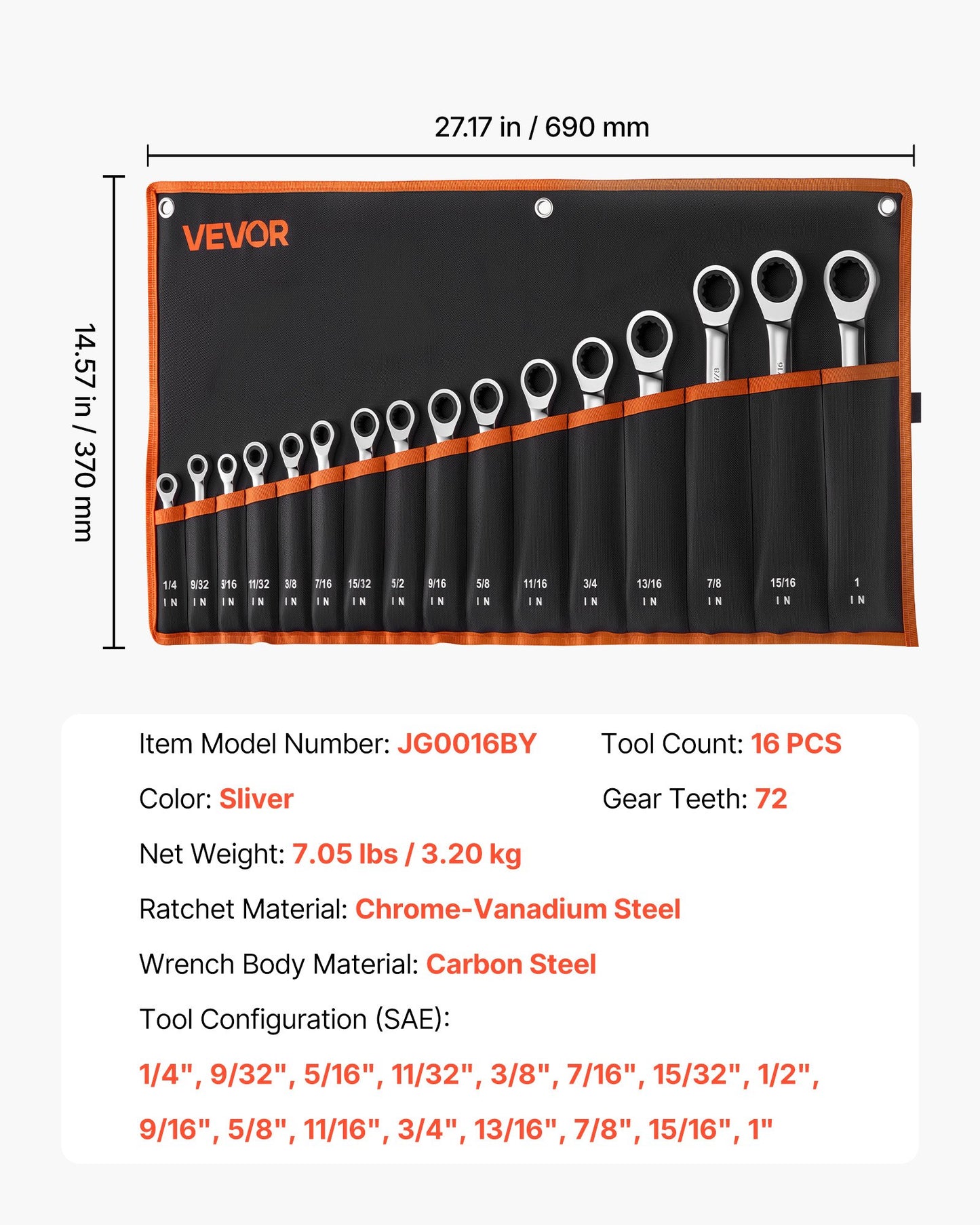 16-Piece SAE Ratcheting Wrench Set | 72 Teeth Cr-V Steel Gear